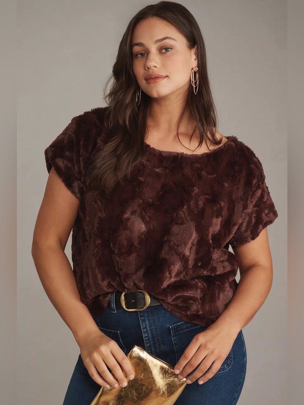 Maeve by Anthropologie Faux Fur Crop Tee Top Brown Maroon Size XL